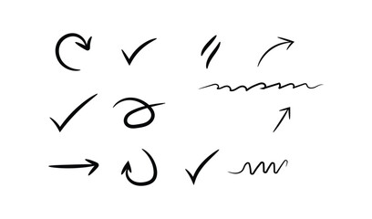 Hand drawn doodle arrows checkmarks and wavy lines on white background