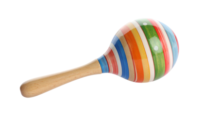 Colorful striped maraca with wooden handle on black background