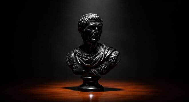 Elegant portrait of Roman emperor statue in dark tone with wood table - Powered by Adobe