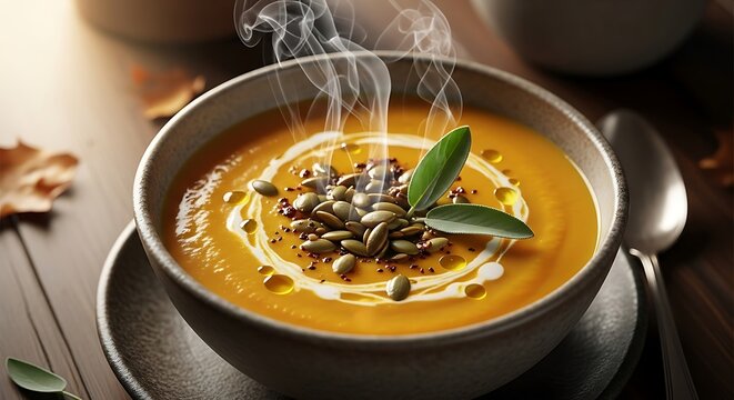 Warm pumpkin soup in bowl with steam and seeds close up for food images