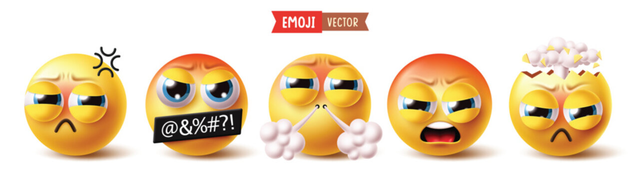 Emoji stress emoticon character clipart set. Yellow emoticon emojis character clip art like depression, worried, mind blown, exploding head, tired and anxiety smiley face icon collection vector 