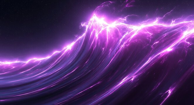 A powerful and dynamic wave of glowing purple electrical energy cresting against a dark background. - Powered by Adobe