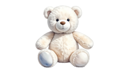 White, fluffy teddy bear sitting, soft fur, neutral background