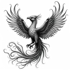 Obraz premium Detailed engraving illustration of a mythical phoenix bird with ornate wings and tail feathers in monochrome style. Majestic creature in flight on isolated white background.