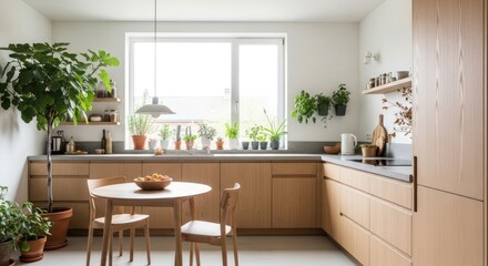 Bright, modern kitchen oasis with abundant greenery and natural wood cabinetry