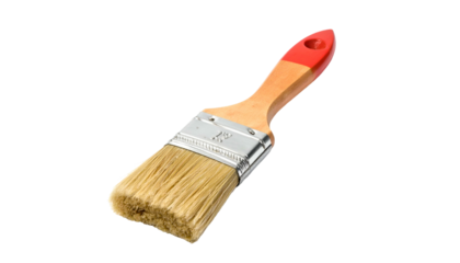 Angled paint brush with beige bristles and red handle