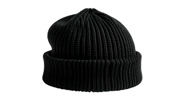 Close-up studio shot of a black knit beanie, with a folded cuff and ribbing