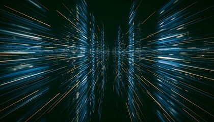 Abstract futuristic background of glowing blue and yellow light trails representing high-speed data transfer.