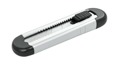 Retractable blade utility knife with silver body and black accents