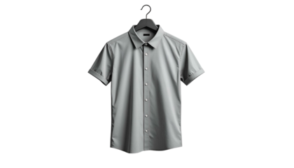 A light grey short-sleeved button-down shirt hangs on a black hanger against a black backdrop