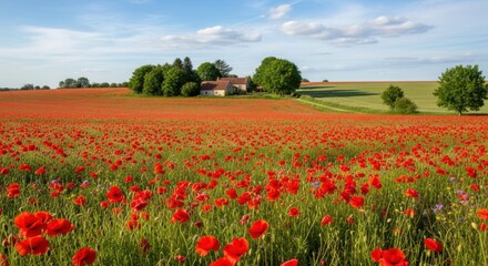 Radiant red poppies dance across the meadow in the sunlit countryside
