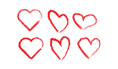 Six hand drawn red hearts on a white background