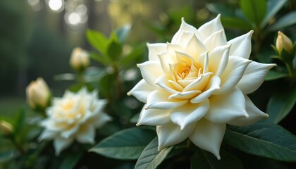 Delicate white gardenia flower blooms in garden. Blossoming floral beauty shines with lush green foliage in outdoor setting. Floral art, botany, beauty concept for design, art prints or cards.