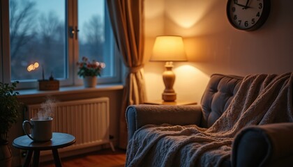 Cozy home interior with a clock, soft blanket, cup of coffee. Calm morning scene depicts warmth, comfort and relaxation. Daylight Saving Time ends, extra hour of rest symbol.