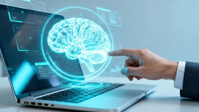 Businessman interacting with AI brain hologram