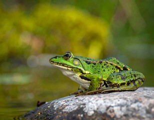 Obraz premium A vibrant green amphibian perches on a weathered stone, its spotted skin reflecting the sun's gentle glow. Blurry verdant background suggests a tranquil pond scene