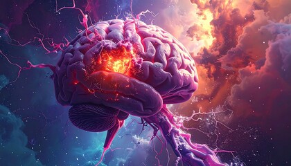 An abstract depiction of a human brain with a glowing section, and swirling colorful clouds. Veins or nerves radiate outwards