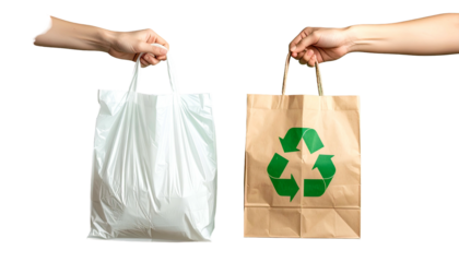 Two hands each holding different shopping bags one plastic, one brown paper with a green recycle symbol