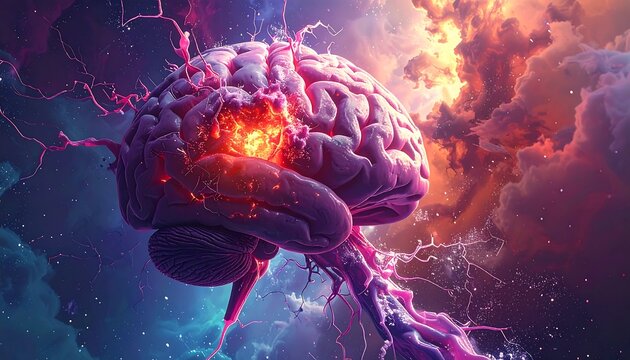 An abstract depiction of a human brain with a glowing section, and swirling colorful clouds. Veins or nerves radiate outwards - Powered by Adobe