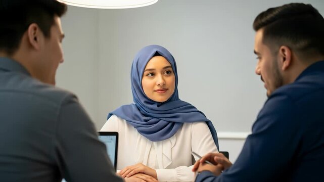 A woman in a blue hijab sits at a table with two men, one using a laptop. They appear to be in a meeting