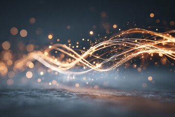 Dynamic golden energy waves flowing, creating a vibrant, futuristic, and abstract light show with bokeh effects and sparks