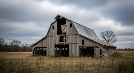 Obraz premium Weathered barn on a grassy field under a cloudy sky
