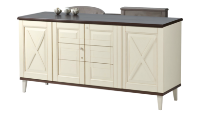 A two-toned credenza with door and drawer storage and decorative items on top