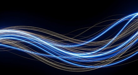 Abstract flowing waves of glowing blue and white light streaks on a dark background.