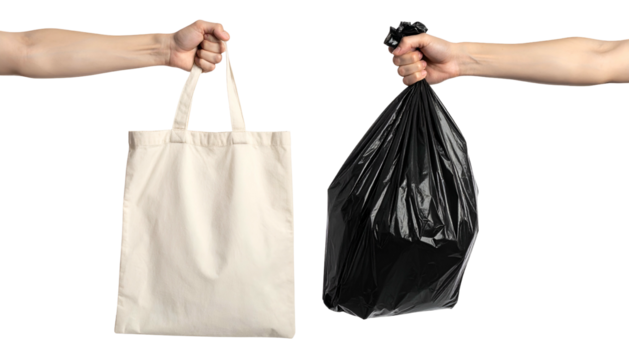 Two hands comparing a blank tote bag with a filled black trash bag, on black background