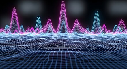 Abstract digital landscape with glowing pink and blue audio waveforms on a grid.