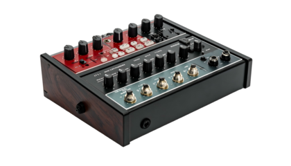 Angle view of a red & green analog synthesizer in wood frame