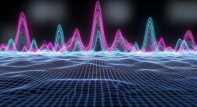 Abstract digital landscape with glowing pink and blue audio waveforms on a grid. - Powered by Adobe