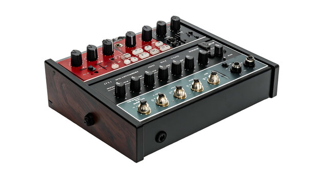 Angle view of a red & green analog synthesizer in wood frame