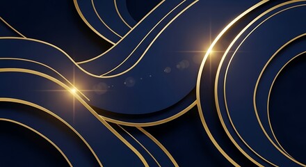 Elegant abstract background featuring flowing navy blue layers with shimmering gold trim and bright highlights.