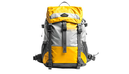 A multi-toned backpack with a bright yellow top and bottom and grey middle section