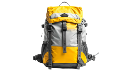 A multi-toned backpack with a bright yellow top and bottom and grey middle section