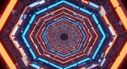 Futuristic heptagonal sci-fi tunnel with glowing blue and orange neon lights.