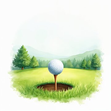 Golf ball sits on tee near hole on green fairway with pine trees and hills. Watercolor art illustration of scenic golf course landscape. Outdoor leisure sport activity.