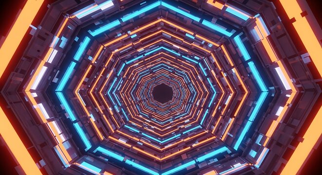 Futuristic heptagonal sci-fi tunnel with glowing blue and orange neon lights.