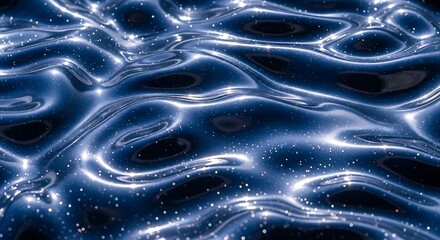 Abstract background of a dark blue liquid surface with glowing, shimmering ripples and sparkling particles.