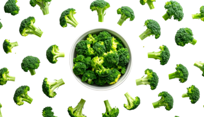 Overhead view of broccoli florets scattered around a bowl filled with broccoli. Black background