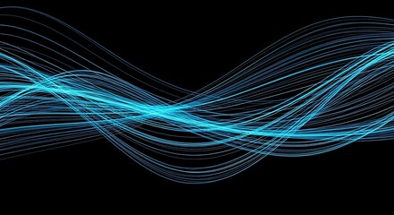 Abstract glowing blue light waves creating a dynamic, flowing pattern on a solid black background.