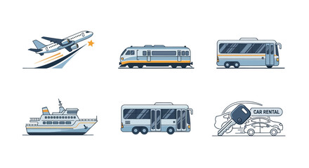 Diverse Transportation Vehicles Collection: Airplane Train Buses Ferry and Car Rental Icons. © Maryati1203