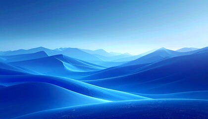 An abstract, gradient-filled landscape dominated by blue hues. Rolling, amorphous shapes suggest mountains receding into a hazy atmosphere