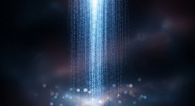 An ethereal beam of glowing blue particles descends through a dark, cloudy atmosphere.