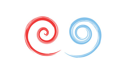 Two abstract swirls one red one blue on white background