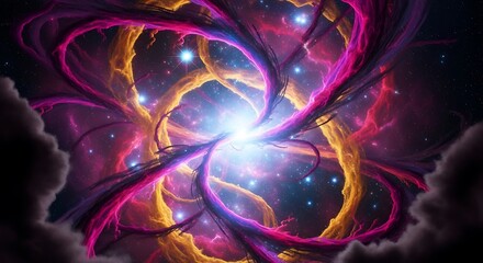 A vibrant, abstract depiction of a swirling cosmic nebula with a bright, energetic core.