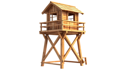 A tall wooden watchtower with a small house-like structure at the top