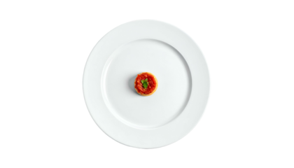 Small single serving food with red sauce on a white plate