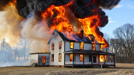 Burning house fire disaster with flames and smoke showing destruction emergency and danger
